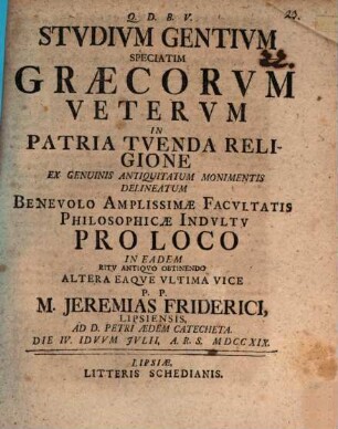 Studium gentium, speciatim Graecorum veterum in patria tuenda religione ex genuinis antiquitatum monimentis delineatum