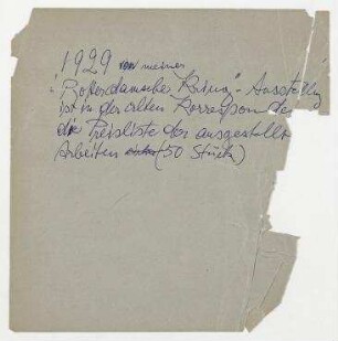 Notizzettel von Hannah Höch zur Ausstellung im Rotterdamsche Kring, Rotterdam, 7. - 25. September 1929