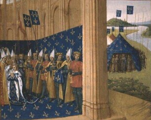 Grandes Chroniques de France — Die Krönung Lothars in Reims; Begegnung zwischen Lothar und Richard, Herzog der Normandie, Folio 163