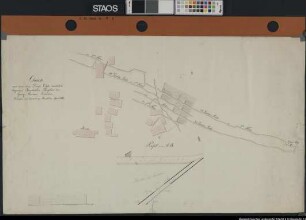 "Karte von dem dem Dorfe Oesede zunächst liegenden Steinkohlen-Bergbau des Georg-Marien-Vereins" Kirche mit anschließenden Häusern. Dazu Verlauf der Flözze und Sohlen-Profil. Ausf.-Art: Farbige Zeichnung Herst.: Hartleben Format: 55 x 93 cm Maßstab: ca. 1 : 540