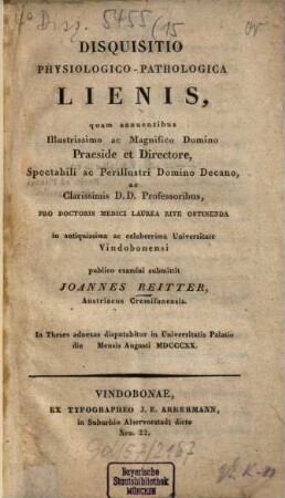 Disquisitio physiologico-pathologica lienis ...