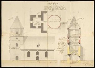 Kloster Königsbronn. Degenfeld Auf-, Grundriss für den neuen Aufsatz des Kirchenturms nebst dem hölzernen Stock darauf für den Glockenstuhl