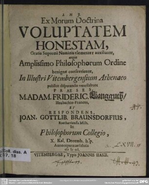 Ex Morum Doctrina Voluptatem Honestam, Gratia Supremi Numinis elementer ...