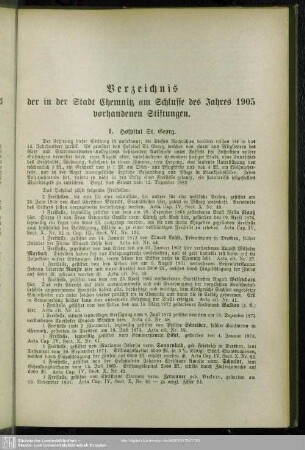 Verzeichnis der in der Stadt Chemnitz am Schlusse des Jahres 1905 vorhandenen Stiftungen
