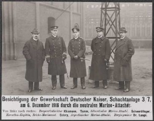 Besichtigung der Gewerkschaft Deutscher Kaiser, Schachtanlage 3/7, am 6. Dezember 1916 durch die Marine-Attachés der neutralen Staaten