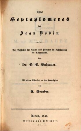 Das Heptaplomeres des Jean Bodin