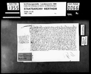 Entwurf zu StAWt R-US 1534 Juni 26: Ludwig Jhett bekennt, dass ihm Graf Friedrich zu Löwenstein (Lewenstein), Herr zu Scharfeneck (Scharpfeneck), benannte Güter zu Heppenheim zu Erblehen übertragen hat.