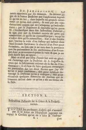 Section I. Instruction Pastorale sur la Grace & la Prédestination