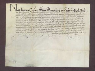 Lehenrevers des Abts Johann Caspar im Kloster Schwarzach gegen den Bischof Eberhard zu Speyer wegen erhaltener Belehnung über das von dem Stift Speyer zu Lehen rührende Kloster Schwarzach