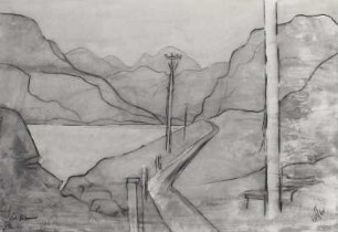 Konstruktive Gebirgslandschaft mit Schafen, See, Masten (Schottland)
