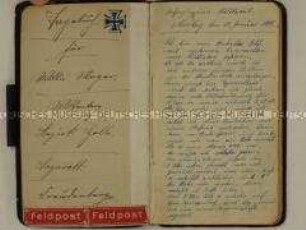 Unbeendetes Tagebuch eines deutschen Soldaten aus dem Ersten Weltkrieg mit Eintragungen vom Beginn seiner Militärzeit im Januar bis September 1915