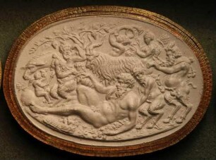 Der betrunkene Silenus wird von einem Satyrn gestützt (Daktyliothek, Erstes Mythologisches Tausend)