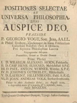 Positiones selectae ex universa philosophia