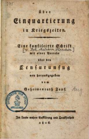 Über Einquartierung in Kriegszeiten : Eine confiscirte Schrift