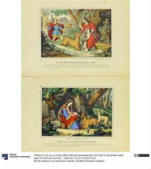 a) Le comte siffroy retrouve Geneviève dans la Forêt. b) Geneviève vivant dans la Forêt avec son enfant.