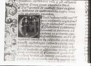Galen mit Apotheker in einem Arzneikeller. Initiale mit Binnenzeichnung, Arabeske und Text