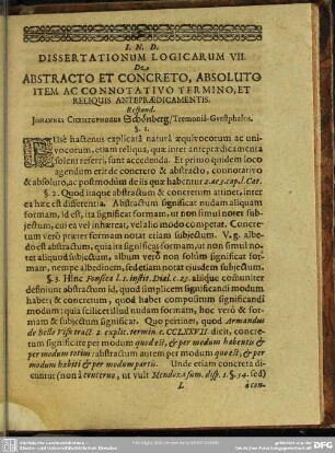 Dissertationum Logicarum VII. De Abstracto Et Concreto, Absoluto