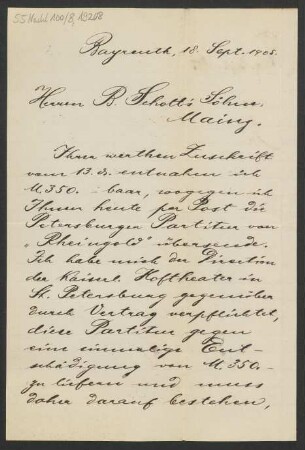 Brief an B. Schott's Söhne : 18.09.1905