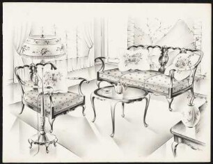 Sitzgruppe. Sofa, Dreisitzer, ein Sessel, ein runder Tisch, Stehlampe, Deko