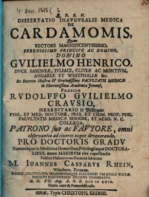 Dissertatio Inavgvralis Medica De Cardamomis