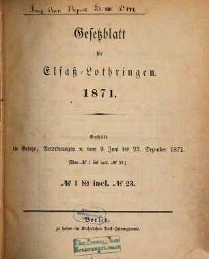 Gesetzblatt für Elsaß-Lothringen. 1871, 1871