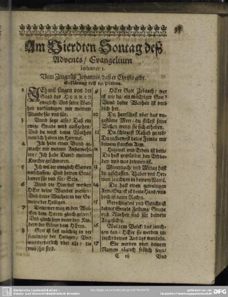 Am Vierdten Sontag desz Advents, Evangelium Johann: 1. Vom Zeugnüß Johannis, daß Christo gibt