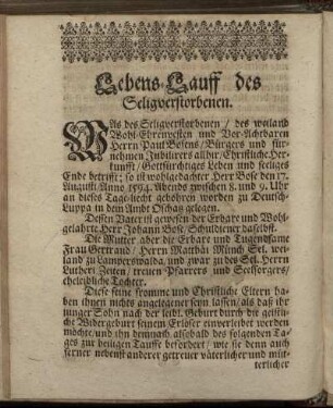 Lebens-Lauff des Seligverstorbenen.