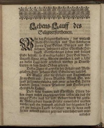 Lebens-Lauff des Seligverstorbenen.
