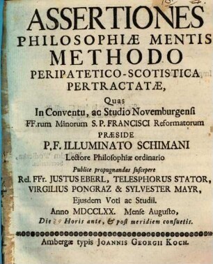 Assertiones philosophiae mentis methodo peripatetico-Scotistica pertractatae