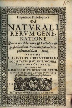 Disputatio Philosophica De Natvrali Rervm Generatione