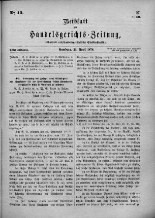 Beiblatt zur hamburgischen Handelsgerichts-Zeitung No. 15. Elfter Jahrgang. Hamburg, 24. April 1878.
