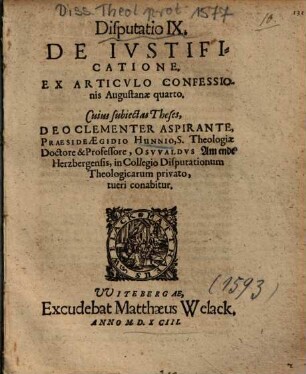 Disputatio IX. De Ivstificatione, Ex Articvlo Confessionis Augustanae quarto