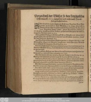 Verzeichniß der Bücher/ so den Leipzigischen Ostermarckt 1610. ausgehen/ und nicht nach Franckfurt gebracht worden.