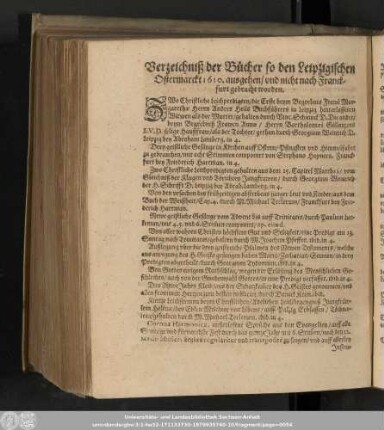 Verzeichniß der Bücher/ so den Leipzigischen Ostermarckt 1610. ausgehen/ und nicht nach Franckfurt gebracht worden.