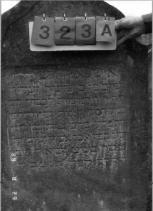 Grabstein 323 (Index: 100107746) Material: heller Sandstein Zustand: star verwittert und versalzen, weitgehender Textverlust Maße HxBxT: 131x72x15 cm Beschreibung: Stele, Abschluß Sonderform (geschwungen eingezogener flacher Kleeblattbogen), Schriftfeld rechteckig eingetieft: Grabstein 323A