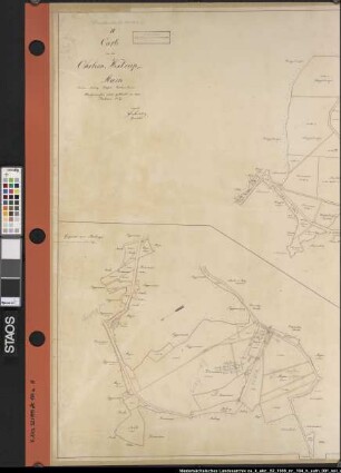 Teilung der OHRBECK-WESTRUPer Mark II. Karte von der Ohrbeck-Westruper Mark Reviere: Boberg, Hüggel, Oertkenbrink Ausführungs-Art: farbige Handzeichnung auf Karton, auf Nessel aufgezogen Hersteller: aufgemessen u. geteilt durch Geometer Fr. Lorenz Format: 98,2 x 186,5 cm, bestehend aus den Teilkarten a-c Maßstab: 1 : 1920