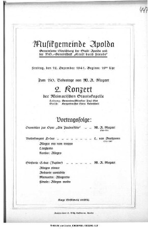 Musikgemeinde Apolda [...] Zum 150. Todestag von W. A. Mozart 2. Konzert