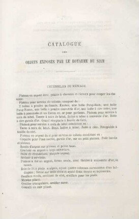 Catalogue des objets exposés par le Royaume de Siam