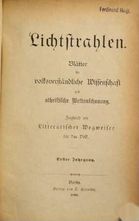 Lichtstrahlen : Revue des gesellschaftlichen und geistigen Lebens der Gegenwart, 1. 1890/91