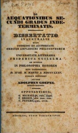 De aequationibus secundi gradus indeterminatis : Dissertatio inauguralis