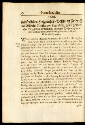 XXIII. Kayserlichen Hofgerichts-Befehl an Fridrich und Wilhelm Graffen von Henneberg / Fürst Friderichen Burggraffen zu Nürnberg gegen den Rath und gemeine der Stadt Rotenburg an der Tauber ...