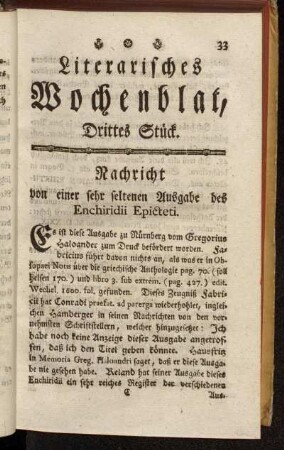 Literarisches Wochenblat, Drittes Stück.