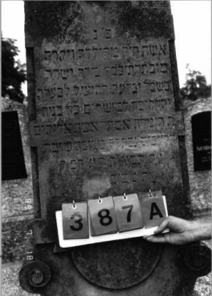 Grabstein 387 (Index: 99797402) Material: Sandstein, weiß Zustand: stark verwittert Maße HxBxT: 200x50x24 cm Beschreibung: Stele mit eingezogenem Rundbogenabschluß, profilierter Sockel Symbolik: Voluten, Rollwerk: Grabstein 387A