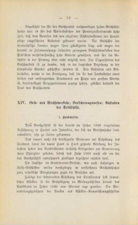 XIV. Geld und Wechselverkehr; Versicherungswesen; Anstalten der Selbsthilfe.