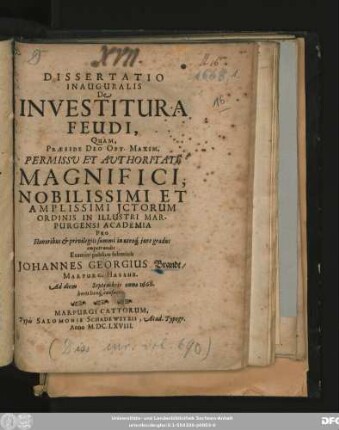 Dissertatio Inauguralis De Investitura Feudi
