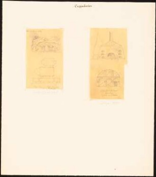 Felsenkirche, Surp Garabed und Felsengräber, Inge-Son (?): Perspektivische Ansicht und Grundriss der Kirche, Ansicht und Schnitt des Grabes (2 Blätter, vermutlich Durchzeichnungen nach Texier & Pullan, Pl. 39 (Surp Garabed))