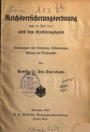 Reichsversicherungsordnung vom 19. Juli 1911 nebst d. Einführungsgesetz