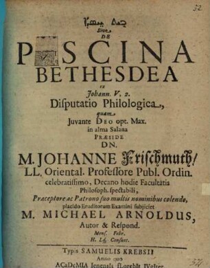 Bēt ḥesdā Sive De Piscina Bethesdea ex Johann. V, 2. Disputatio Philologica