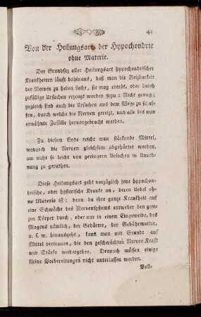 Von der Heilungsart der Hypochondrie ohne Materie.