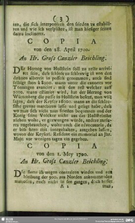 Copia von den 1. Mey 1700